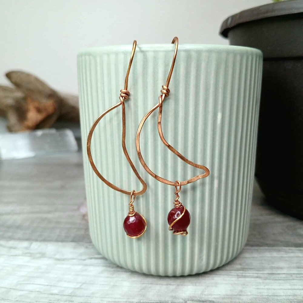 BOGO EARRINGS Garnet Gemstone Crescent Moon Dangle Earrings, 2.5"